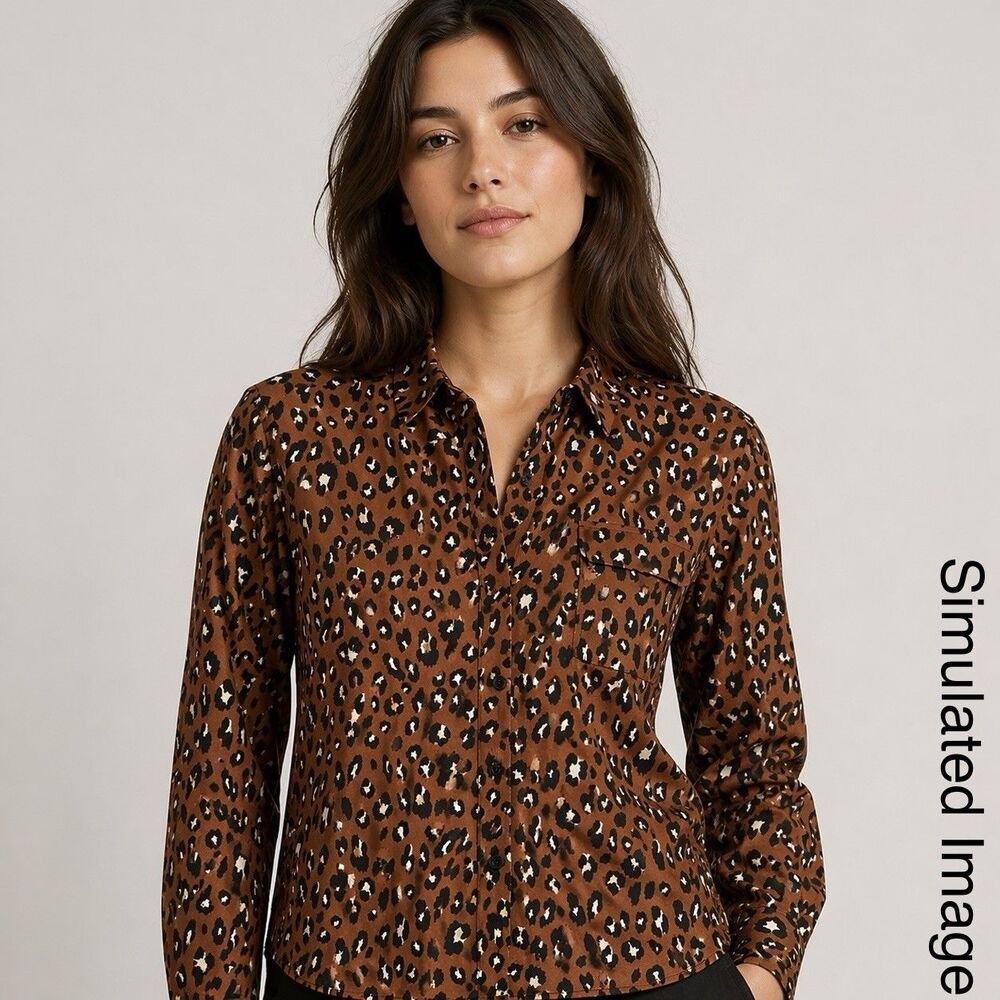 Pleione Blouse Womens S Dark Brown Leopard Print Button Front Long Sleeve NWT